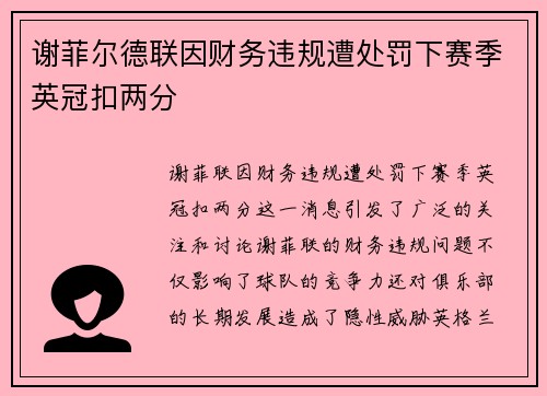 谢菲尔德联因财务违规遭处罚下赛季英冠扣两分